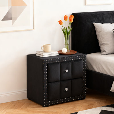 Table de chevet rembourrée à 2 tiroirs avec garniture cloutée pour la chambre à coucher, aucun assemblage requis