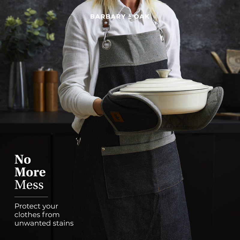BO877000 Denim Apron with Leather Details, Adjustable Straps, 4 Pockets, Blue