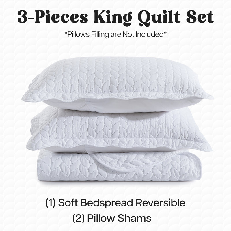 Embossed Quilted Bedspread Set – Ultra Soft Microfiber Coverlet With Pillow Shams, Hotel-Style Bedding For High Beds, White