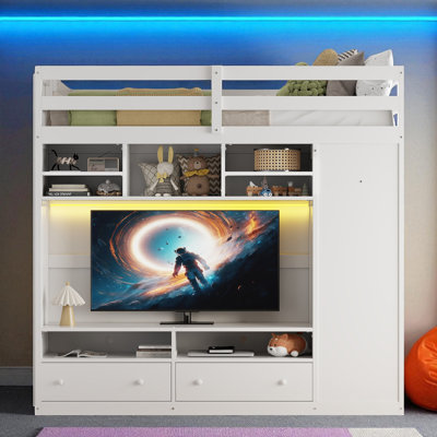 Lit mezzanine double avec garde-robe intégrée et meuble télé