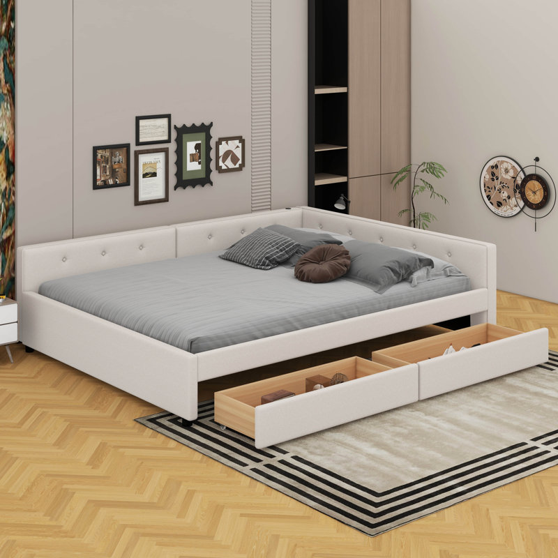 Lit plateforme tapissier avec port USB et 2 tiroirs, beige, Grand