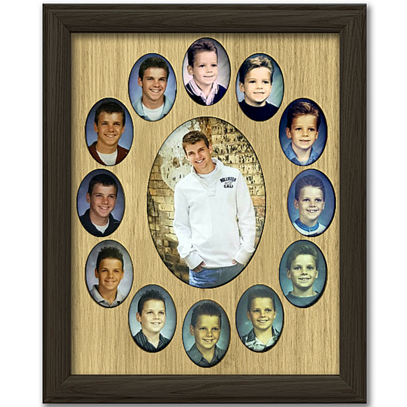 Cadre scolaire School Years - Collage ovale - K-12 School Days - Peut contenir des photos de format portefeuille - Cadre gris foncé 11 x 14 avec tapis en bois de chêne