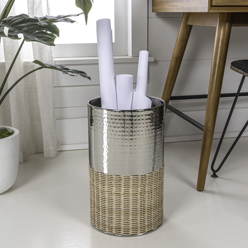 Asher Chrome and Natural Wicker Cylinder Waste Basket