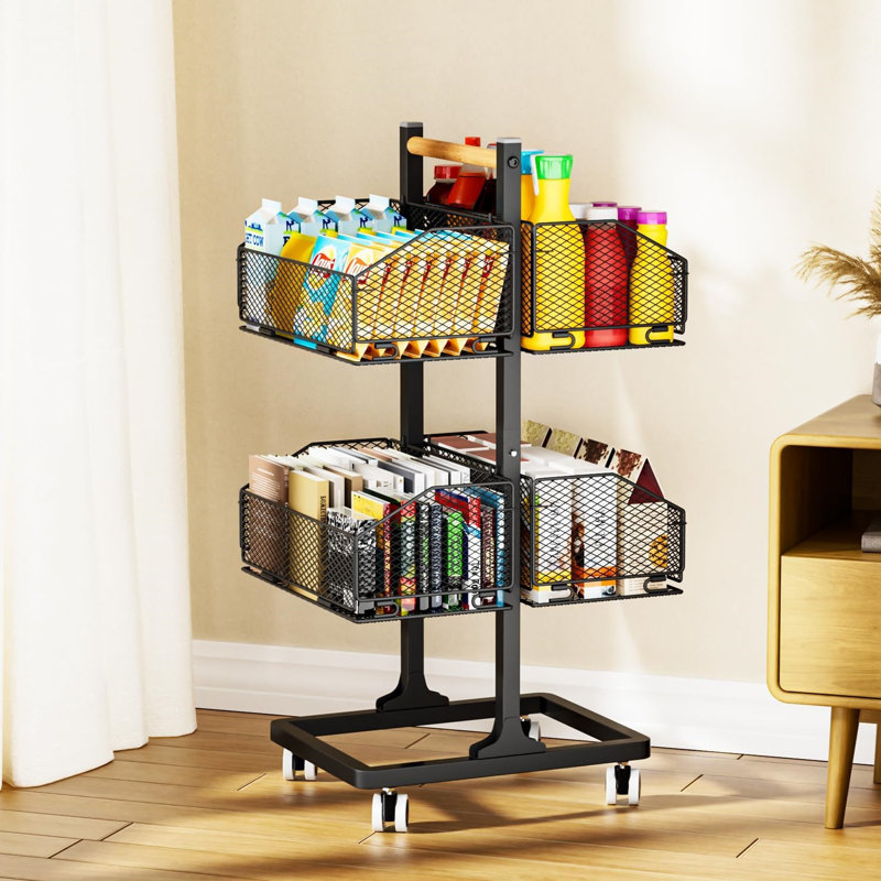Rolling Pantry Storage cart, 4 Tier Snack Cart with Wheels, 2 Lockable Castors, Metal Wire Storage Cart