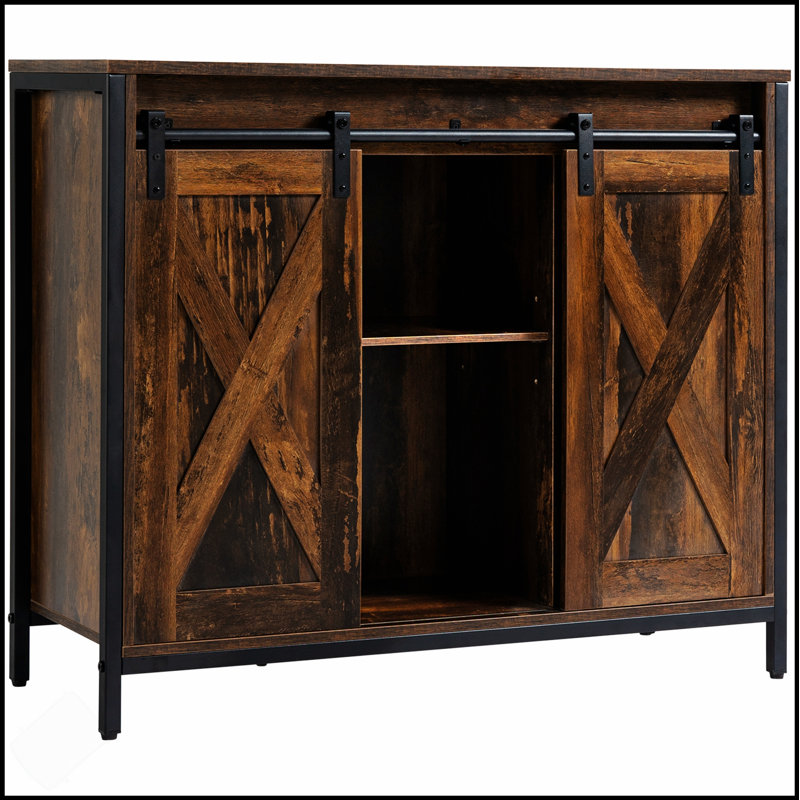 Buffet industriel avec portes de grange coulissantes et tablettes réglables, brun rustique industriel