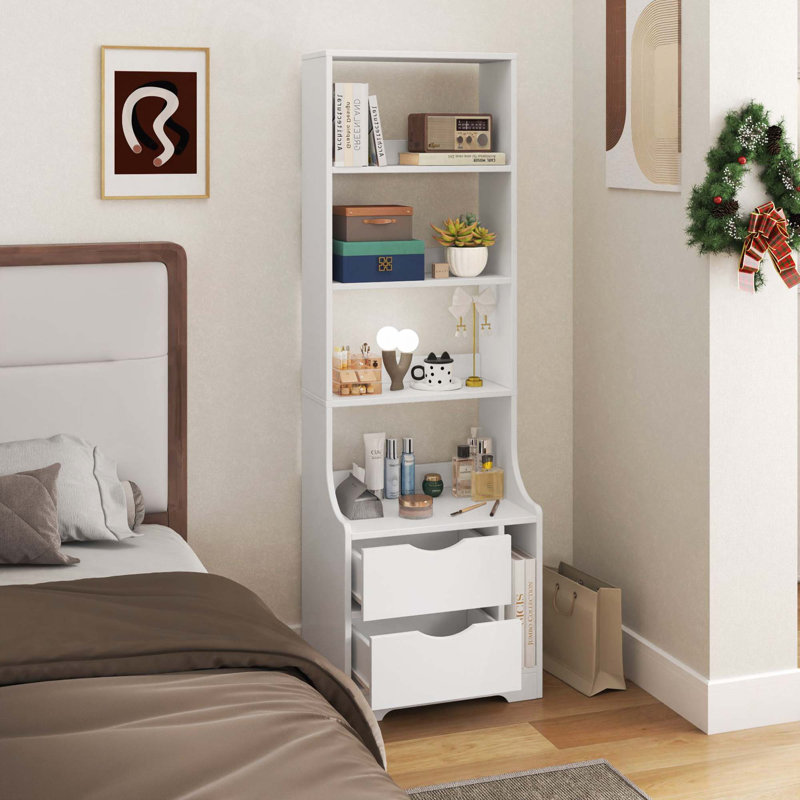 Table de chevet avec bibliothèque, table de chevet avec 2 tiroirs de rangement pour la chambre à coucher, Blanc