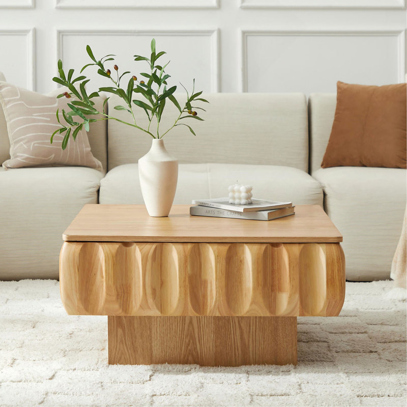Table basse carrée à plateau relevable avec structure en bois massif et rangement caché, Natural Wood