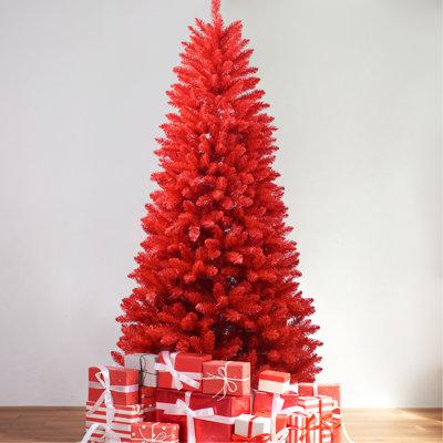 6FT Red Christmas Tree – Pure Red PVC Tree With 804 Tips, Hinged Branches For Easy Setup, Stable Metal Stand, Bold Holiday Decoration