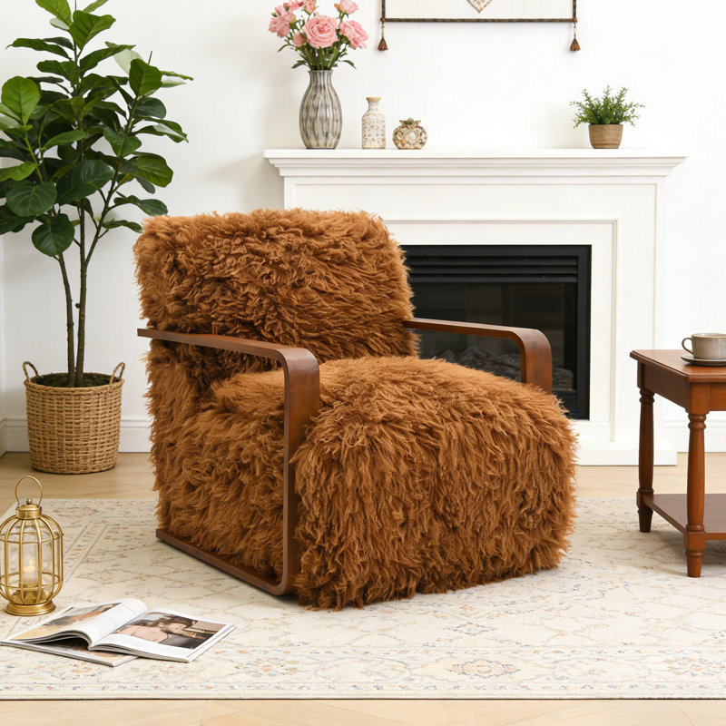 28.3" Wide Faux Fur Accent Chair,Upholstered Lounge Chair With Curved Wooden Arms,Tight Back & Seat,Armchair For Living Room,Bedroom