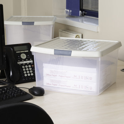 Wham Clip 2x 13.2L Square Plastic Storage Boxes with Secure Clip Lock Lids. L:39.5 x W:39.5 x H:12cm Clear/Green Milieu/Stone