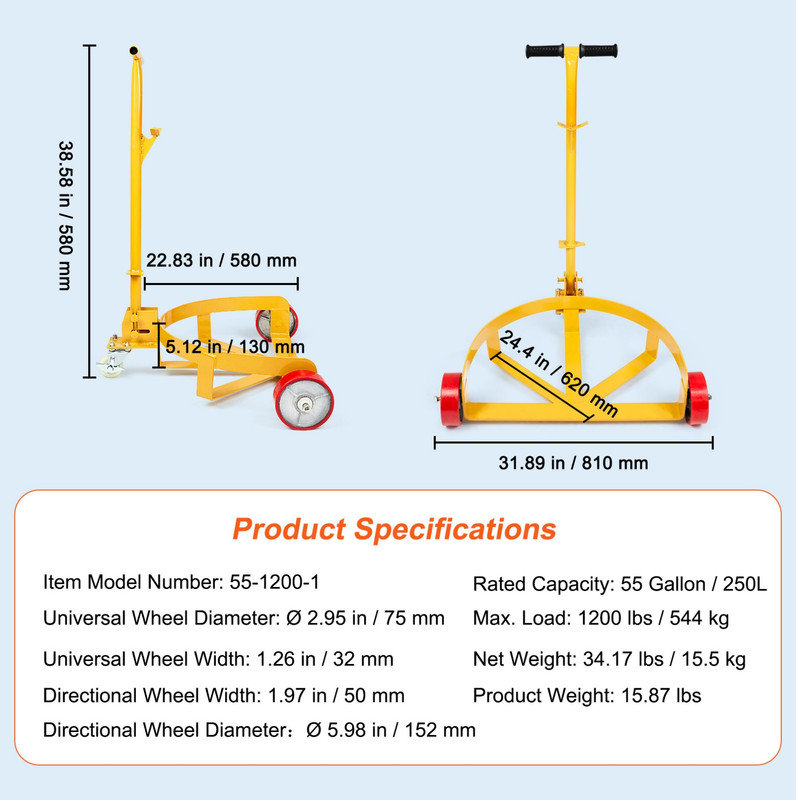 Chariot à tambour de 55 gallons, capacité de charge de 1200 lb, chariot de chariot à chariot rond en acier à profil bas, structure en acier robuste avec poignée réglable à 3 roues, pour atelier entrepôt