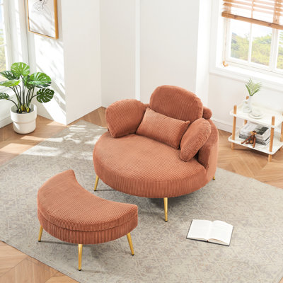 Confortable en velours côtelé orange rond avec 3 coussins décoratifs et un plateau amovible, peut être utilisé comme table de thé - siège à taille ajustable, pour une petite chambre à coucher