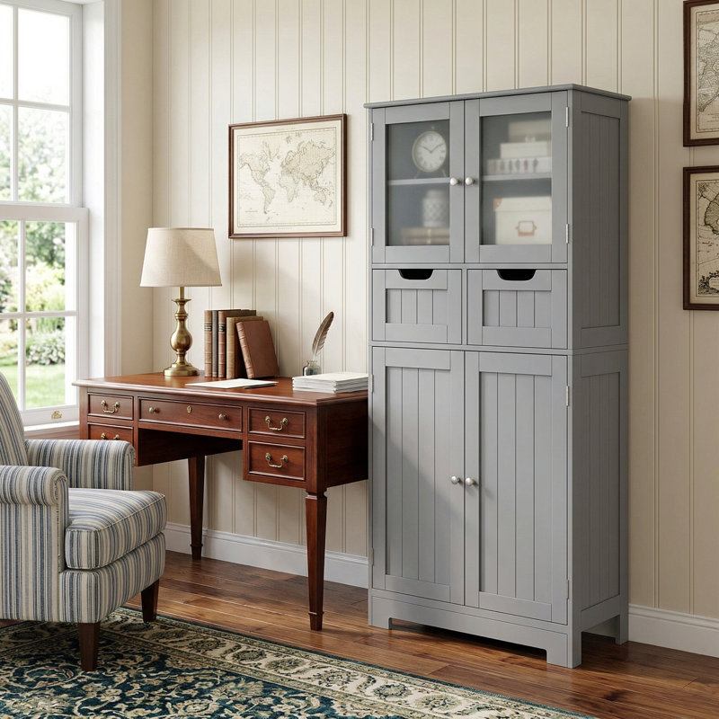 Armoire de rangement de salle de bain autoportante robuste à grande capacité à 4 portes résistante à l'eau avec 2 tiroirs coulissants et portes vitrées transparentes pour la salle de bain