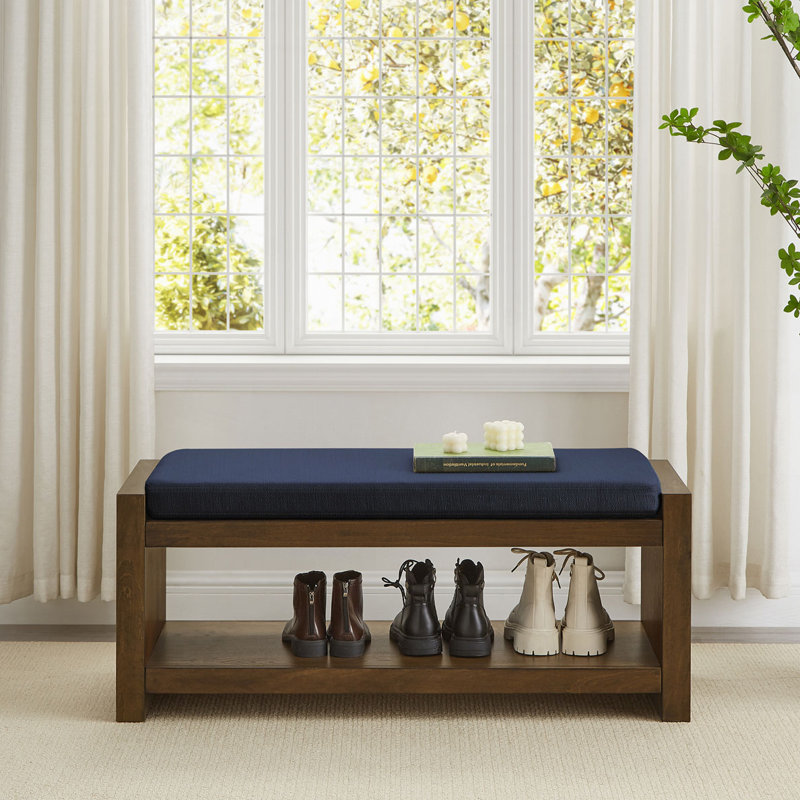 Wood Frame Storage Bench with Removable Cushion, Lower Shelf, Navy Blue, 18.5" H x 40" W x 16.25" D