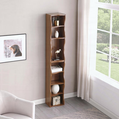 8-Tier Thin Bookshelf with Wavy Border Design and Adjustable Shelves for Home Office