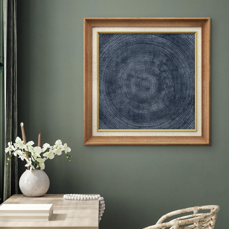 " Navy Blue Geometric Circle Spiral Pattern Abstract Shapes ", Natural Framed