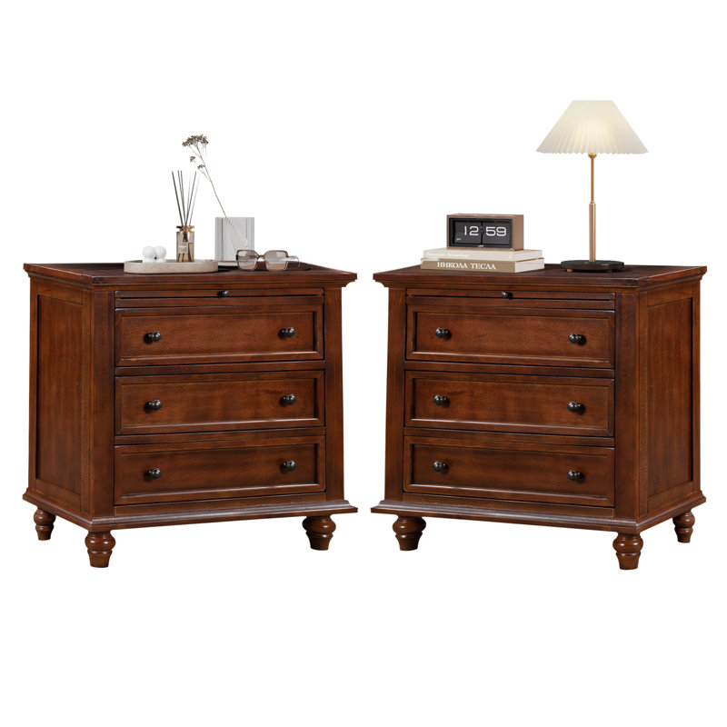 Albers Traditional 3-Drawer Nightstand with Pull-out Shelf and Solid Wood Legs, Brown, Individual