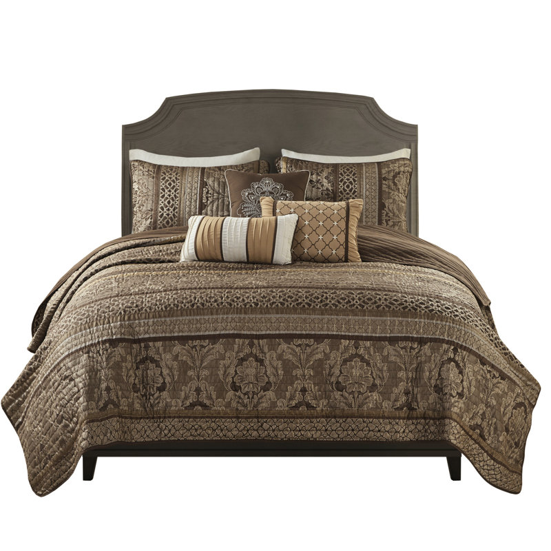 Courtepointe pour lit double / grand lit - qualité brun / or, motifs de feuilles, accents dorés, coussins décoratifs inclus et détails, pops, literie polyvalente