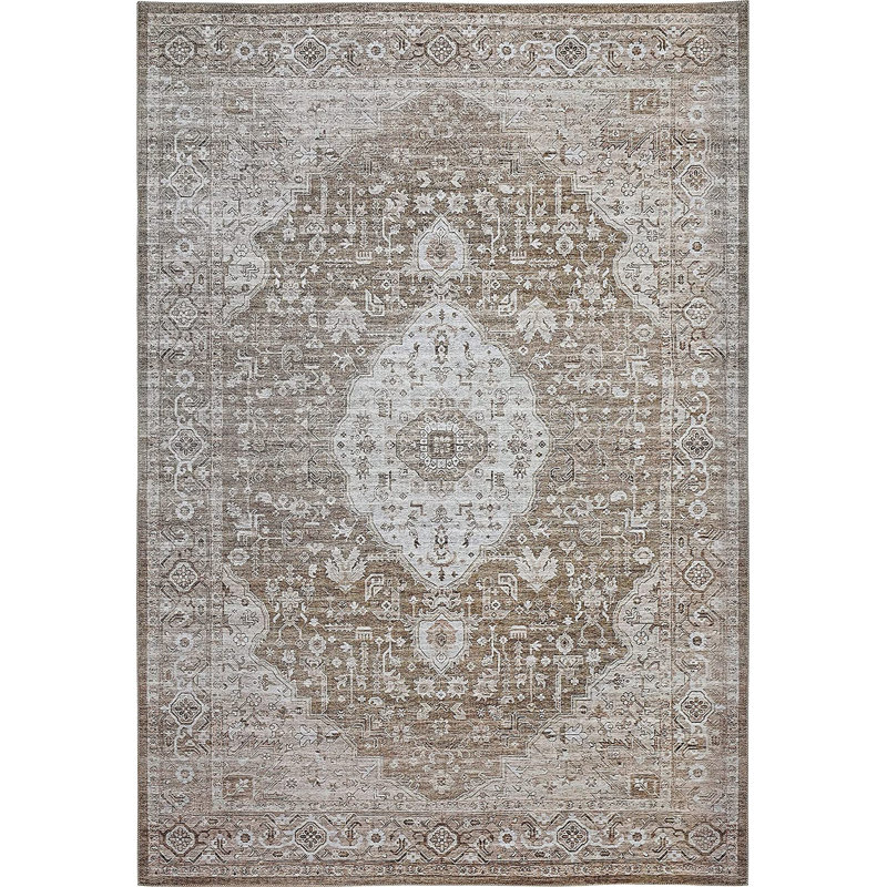 Tapis oriental en polyester tissé à la machine en gris clair / brun, Rectangle de 5 pi x 8 pi