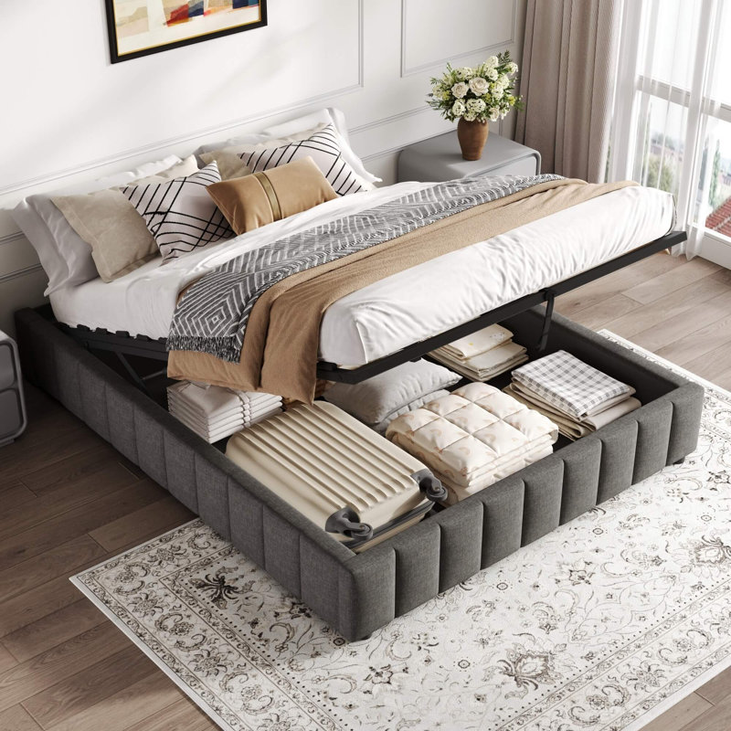4ft6 Double Linen Ottoman Bed Frame with Hydraulic Storage, No Headboard, Channel-Tufted Upholstery, Metal & Wood Support Frame, No Box Spring Required, Easy Assembly, Grey