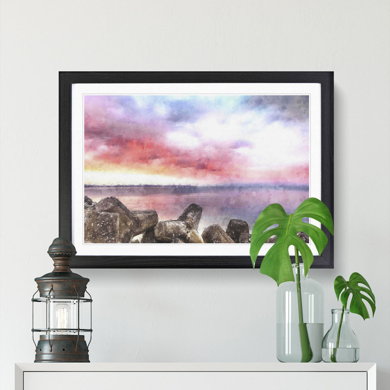 Pink Sunset over the Ocean - Picture Frame Graphic Art Print, Black, 62cm H x 87cm W x 2cm D