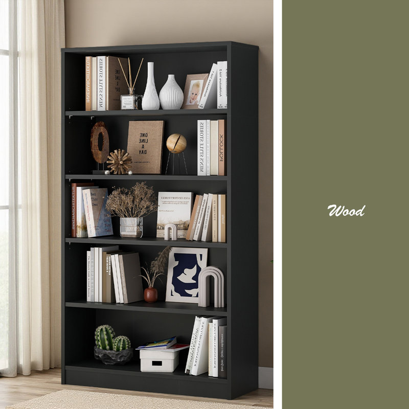 Bibliothèque à 5 tablettes en bois pour chambre à coucher, Noir