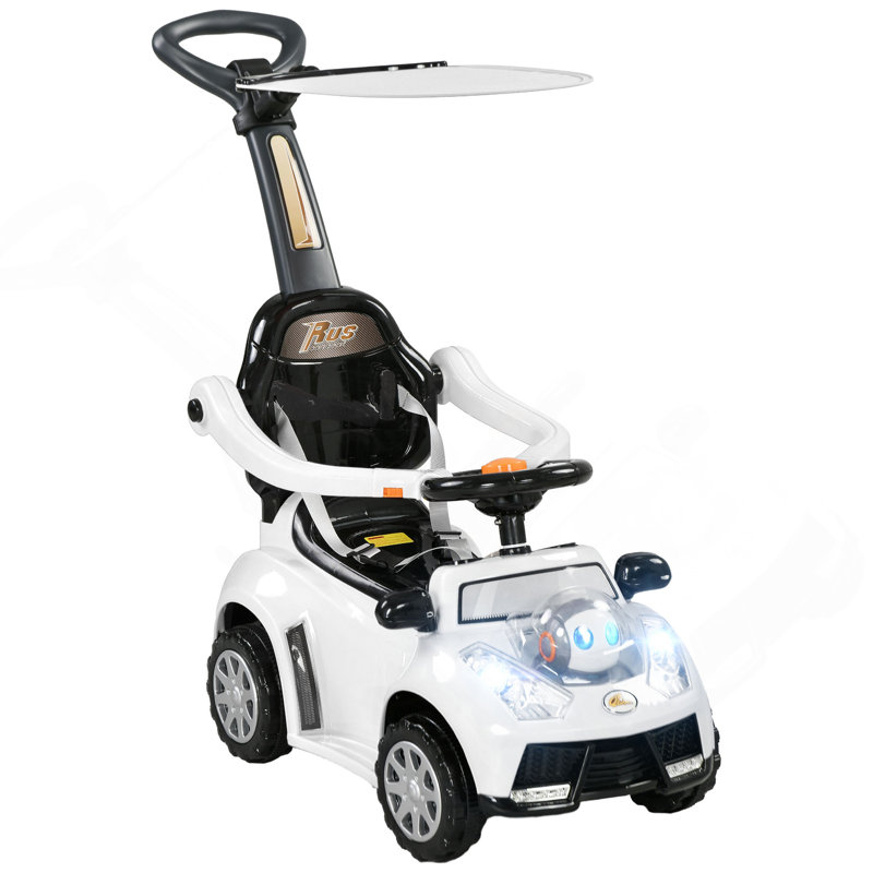 Qaba Push Car For Kids 1-3 Years, 3 In 1 Ride On Sliding Car, Foot To Floor Baby Push Car With Removable Handle, Music, Horn, Canopy, Safety Guardrail