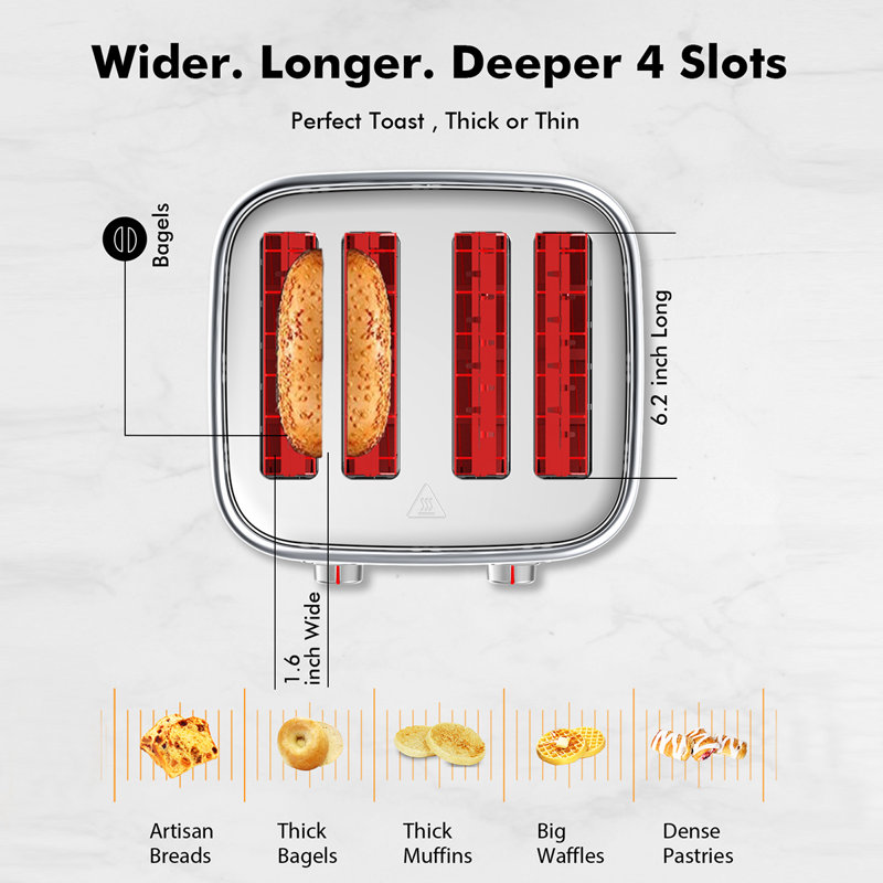 Jesslyn 4 slice Toaster,Extra Wide slots,retro stainless, gray