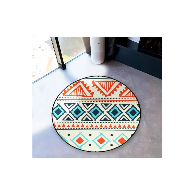 Tapis décoratif moderne bleu et orange à base tissée, Rond 2 pi 8 po