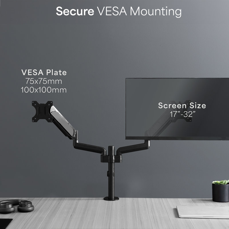 Black Adjustable Dual Arm Steel Desk Mount for 17"-32" Monitors
