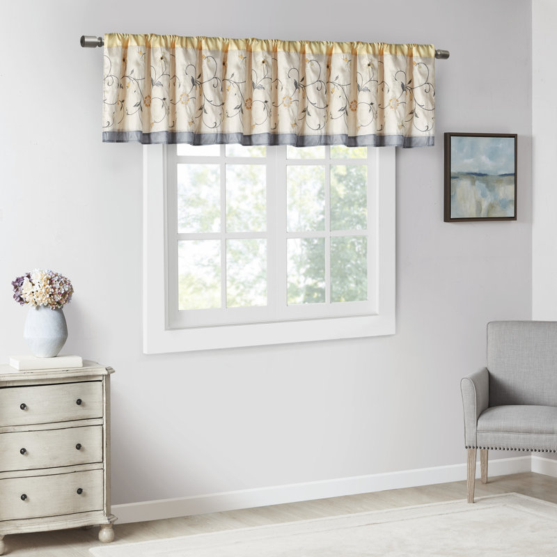 Serene Floral Embroidered 50'' W Single Window Valance, 50" W x 18" L, Yellow