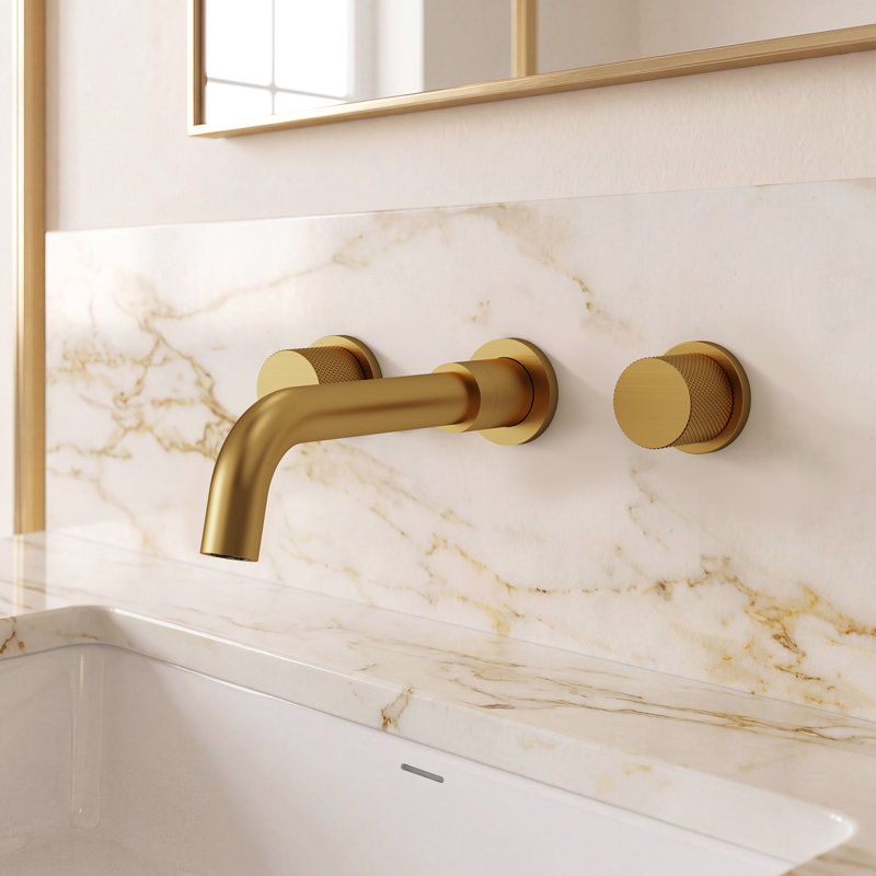 Wall Mounted Bathroom Faucet 3 Hole,2-Handle Bathroom Sink Faucet with Drain Assembly, Brushed Gold, Brushed Gold