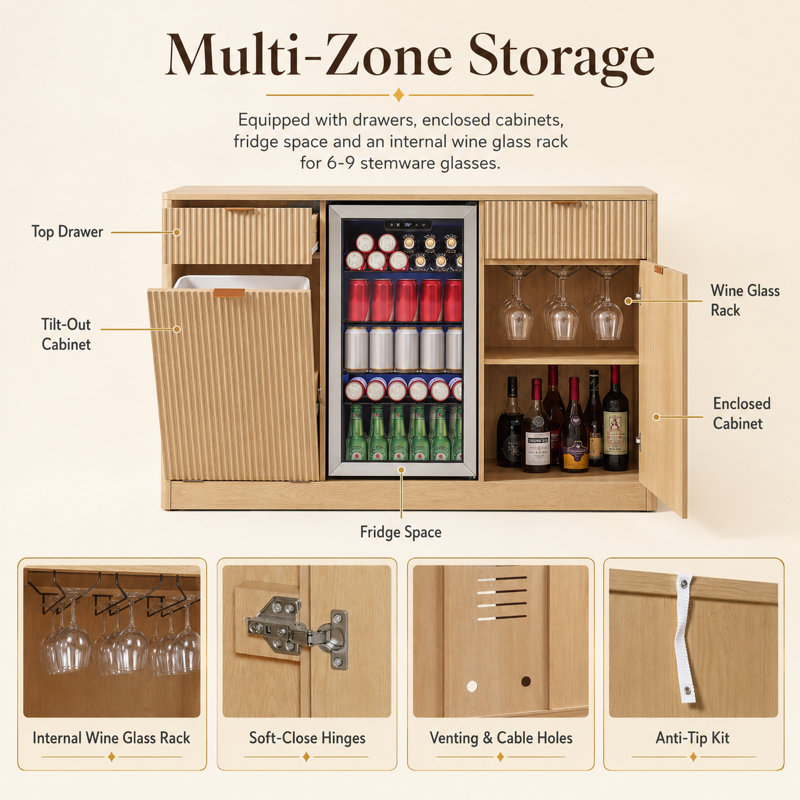 Armoire-bar 59 po avec espace pour réfrigérateur et poubelle inclinable, mini-armoire à vin pour réfrigérateur avec station de rangement / charge, buffet cannelé avec porte-verre pour salle à manger