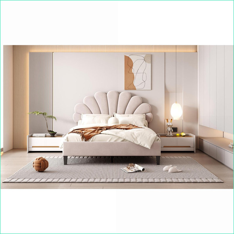 Structure de lit double tapissier en velours avec tête de lit à motif floral - beige, sans sommier