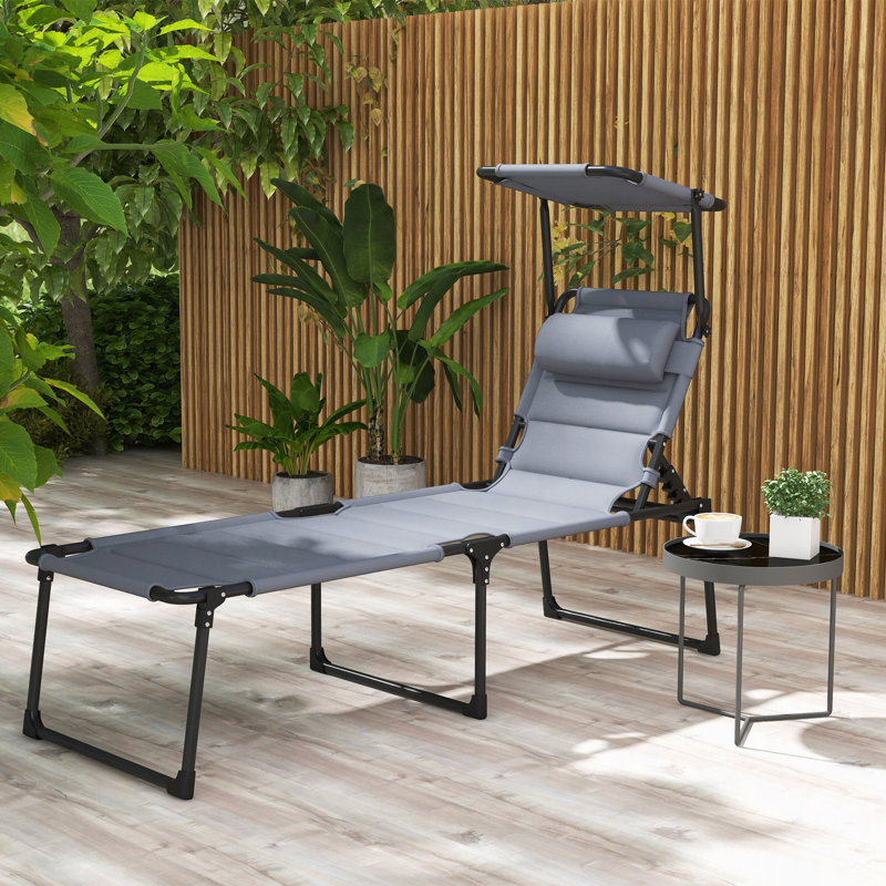 Outdoor Lounge Chair, Adjustable Backrest Folding Chaise Lounge, Cushioned Tanning Chair W/Sunshade Roof & Pillow Headrest For Beach, Camping, Hiking