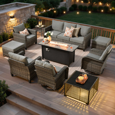 Ensemble de conversation de patio en osier 10 pièces avec chaises berçantes pivotantes et table de foyer d'extérieur, 7 places, pour le jardin ou la cour