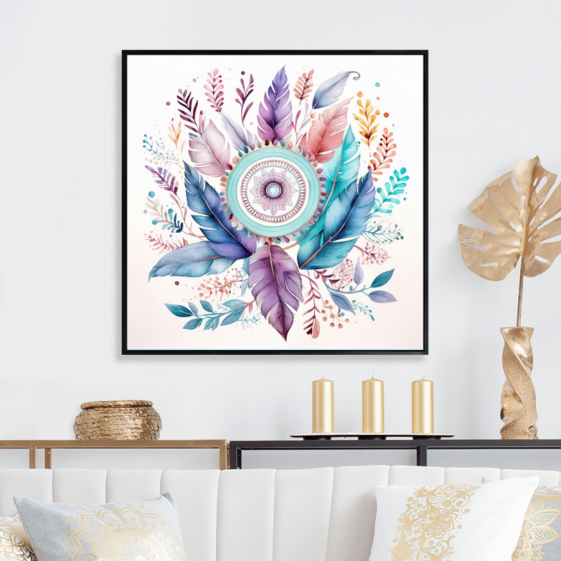 Attrape-rêves pastel turquoise Boho sur toile, H 16 po x l 16 po x P 1 po, Cadre flottant noir