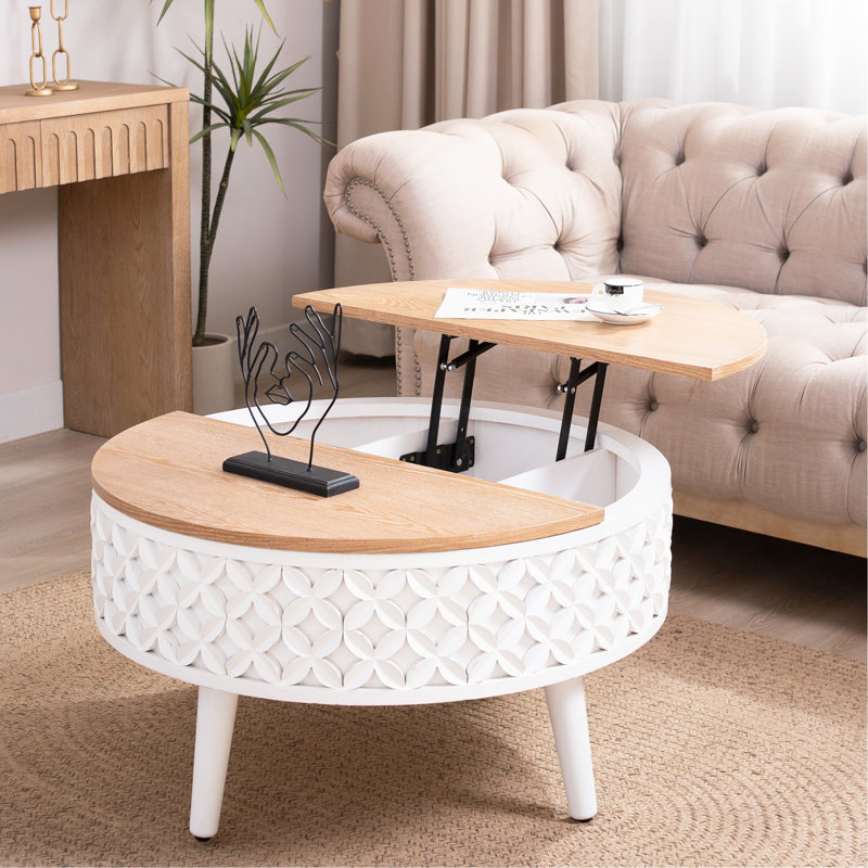 Table basse ronde avec rangement - table d'appoint relevable, mobilier de salon moderne de style bohème, base sculptée avec plateau en bois naturel