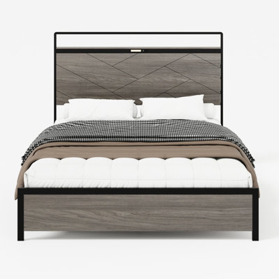 Bed Frame Queen Size With Storage , Led Headboard, 2 , Metal Bed, Antique Grey, Modern Industrial Style Lights And Charging, Under - Storage, Structure, Beautiful