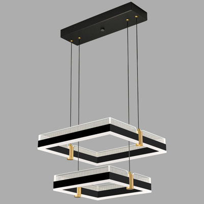 Modern Square Chandelier Dimmable LED Chandelier Black Gold Pendant Light Fixture for Bedroom Kitchen Island Living room(2-Light)