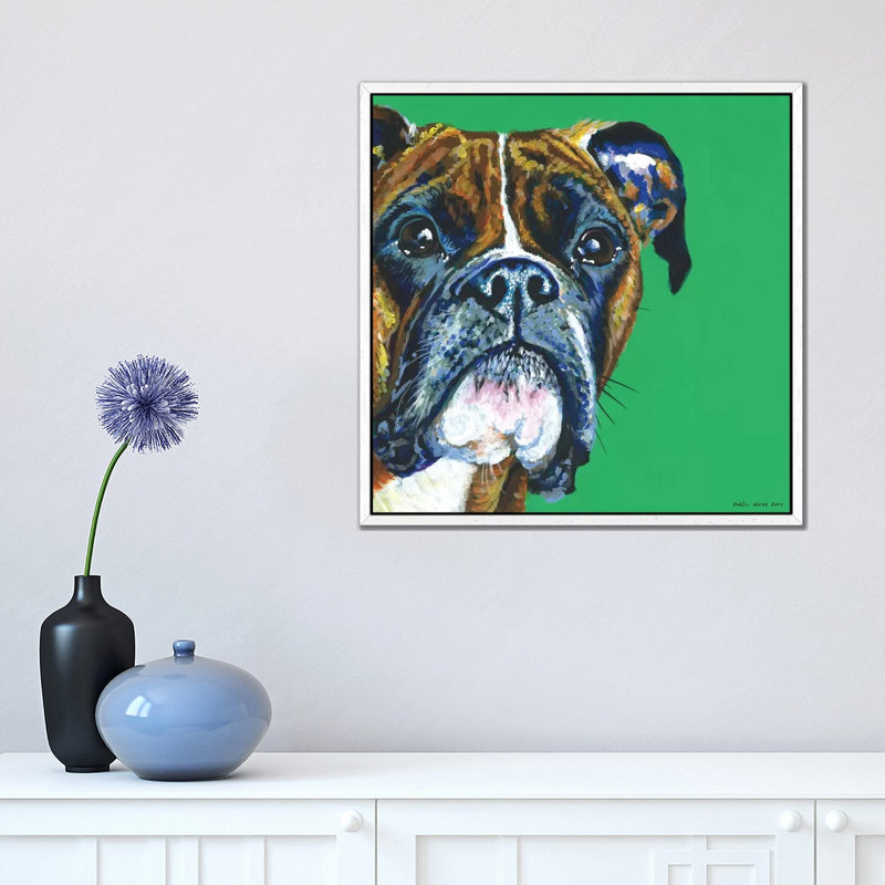 Boxer On Emerald, Square by Kirstin Wood - Painting on Canvas, White Framed, 45.72 cm H x 45.72 cm W