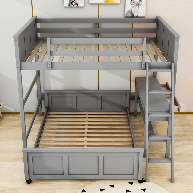 Lit superposé en bois Jathon avec bureau et deux tiroirs, Double sur double, gris