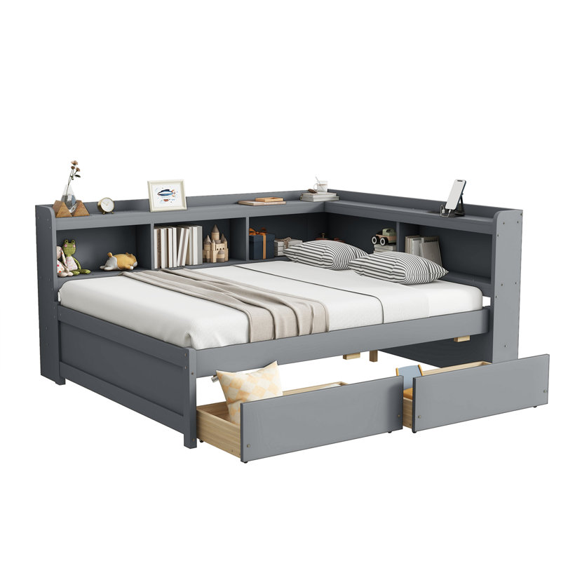 Lit en forme de L avec bibliothèques avec prises de courant, ports de chargement USB, deux tiroirs, Gris