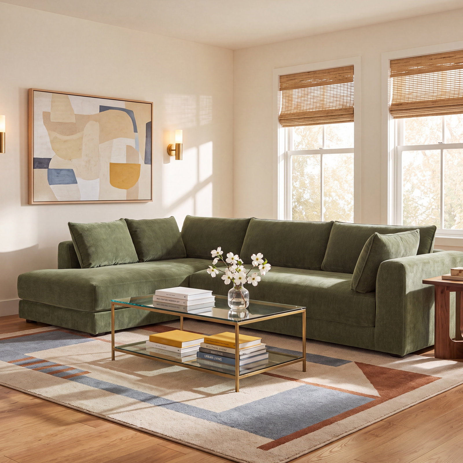 Marcel Velvet Sofa and Chaise, Sagano Green Fabric, Left Hand Facing