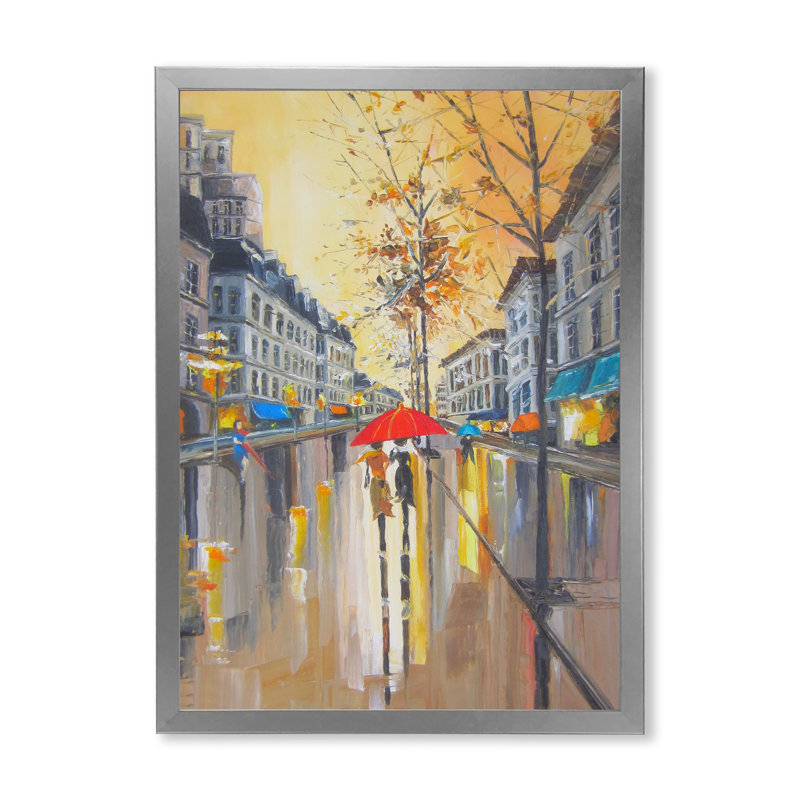 Couple sous la pluie à Paris - art mural sur toile campagne française, Cadre photo argenté, H 36 po x l 24 po x P 1,5 po