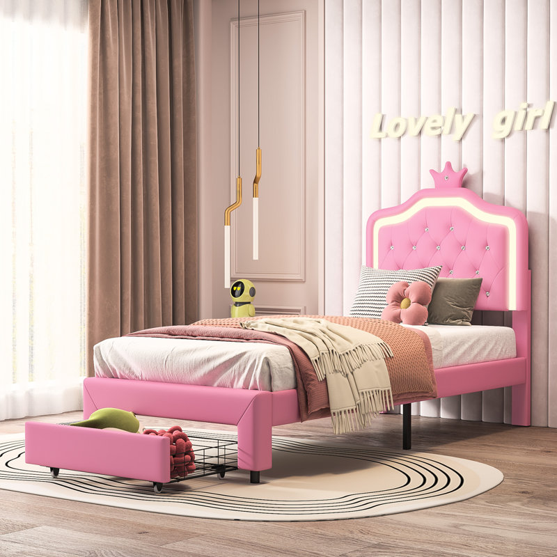 Upholstered Storage Bed, European Single (90 x 200 cm), Pink