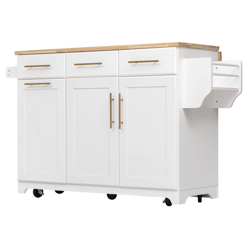 K&K 59.3" Kitchen Island with Storage 2 Pull Out Cabinet Organizers & Rubber Wood Drop Leaf, Rolling Kitchen Island with Trash Can Storage, Power Outlet, Spice & Towel Rack for Kitchen, Dining, White