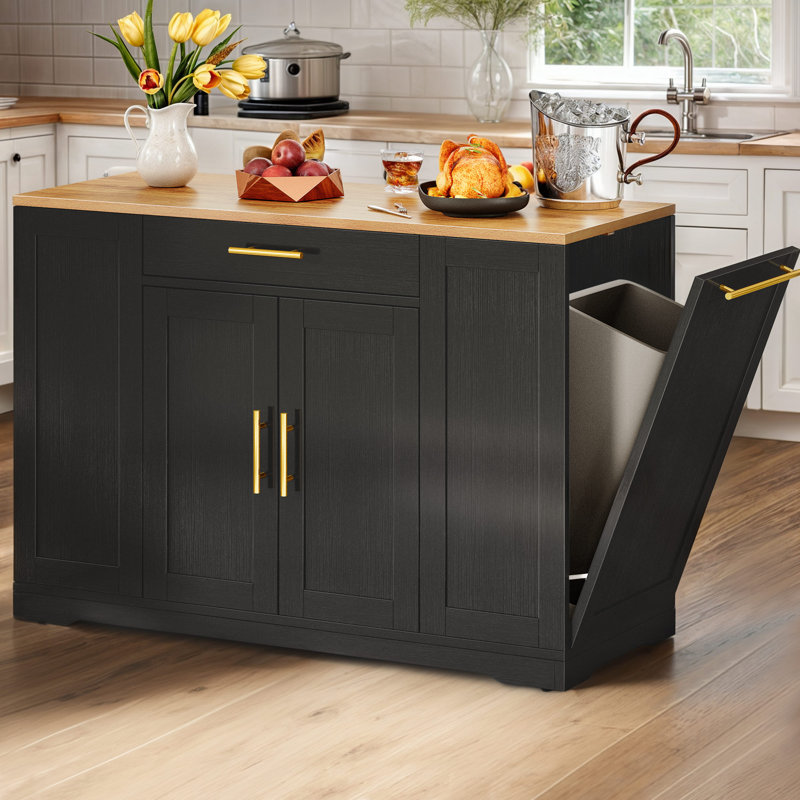 Cushing Rolling Kitchen Island with Wood Top & Trash Can Storage Cabinet, Black