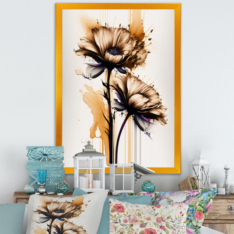 Gerbera orange sur fond abstrait I - Peinture sur toile, H 32 po x l 24 po x P 1 po, Cadre photo doré