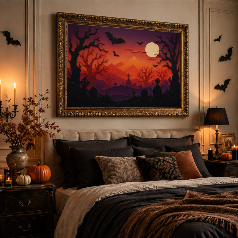 Tableau sur toile d'Halloween représentant un cimetière orange et violet avec des chauves-souris et la lune